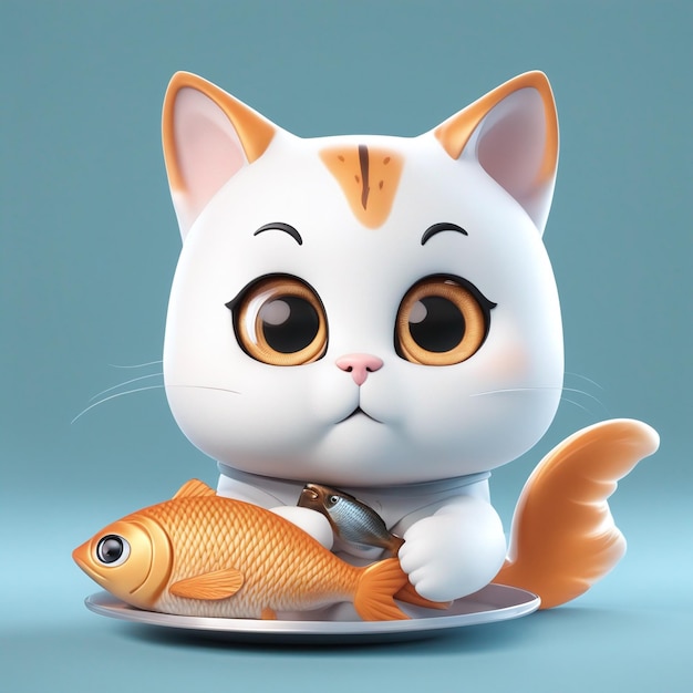 Cute cat holding fish cartoon icon illustration animal food icon concept