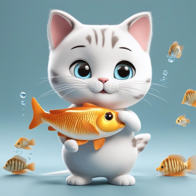 Милый кот держит рыбу, мультяшная икона, иллюстрация, концепция иконы корма для животных