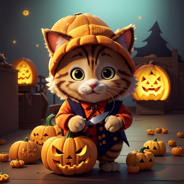 Photo cute cat holding knife in pumpkin helloween cartoon vector icon illustration animal halloween icon concept isolated premium vector flat cartoon style