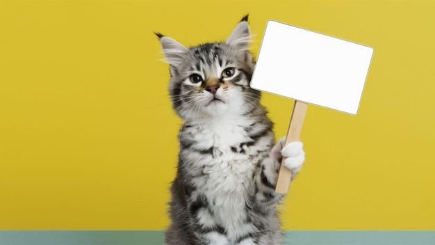 Photo cute cat holding a sign board for social media post use