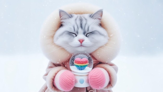 Cute cat holding a snow globe with rainbow heart on winter snow background Valentines day concept