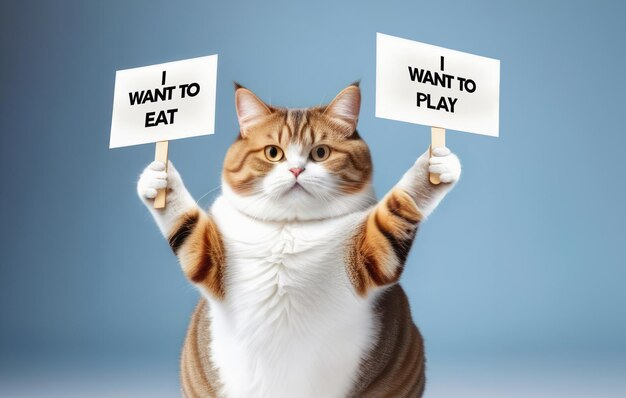 Photo cute cat holds a sign in paws with the text i want to eat and i want to play