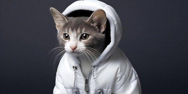 暗い背景のフードのジャケットを着た可愛い猫