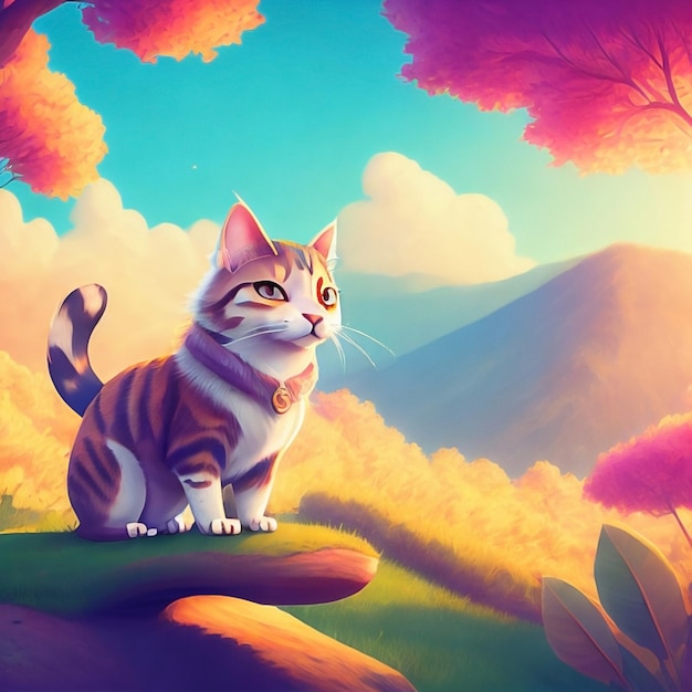 cute cat illustration with forest background