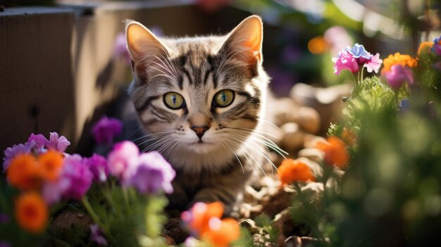 写真 花の床にいた可愛い猫