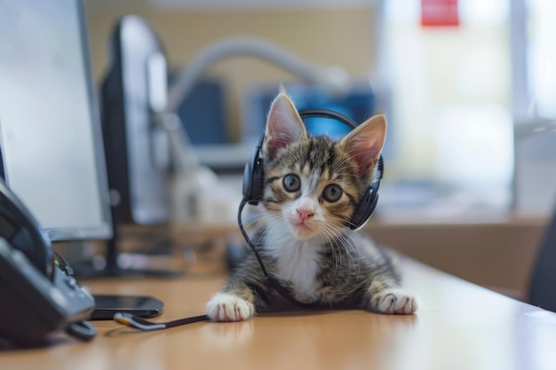 Фото Милый кот в офисе отвечает на звонки в оживленном колл-центре генеративный ии