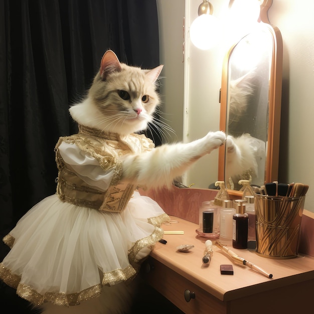 사진 발레 의상 을 입은 귀여운 고양이 가 공연 의상실 에서 자신 의 메이크업 을 하고 있다