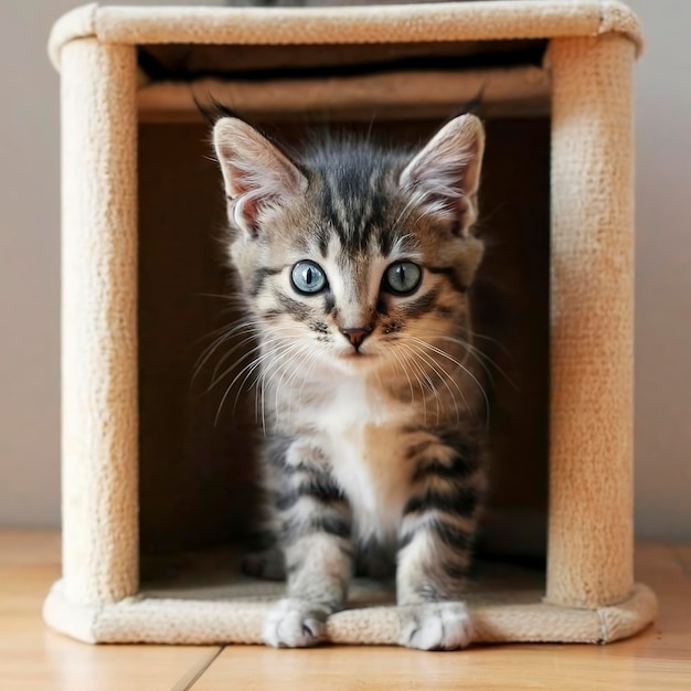 A cute cat is in a cats house