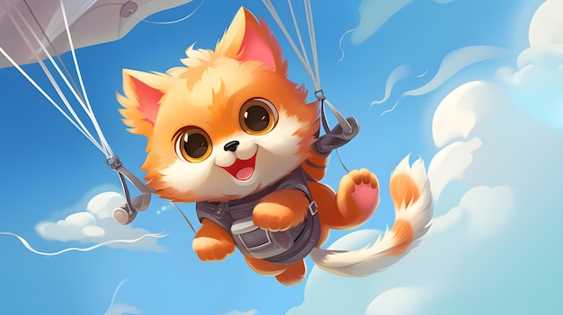 Cute cat is flying on a parachute in the sky cartoon