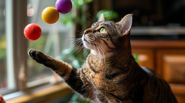 A cute cat is playing with a ball The cat is sitting on a table and the ball is in the air