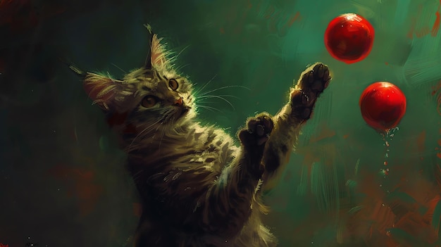 A cute cat is playing with two red balls The cat is in the air and it is about to catch the balls with its paws The background is blurry and green