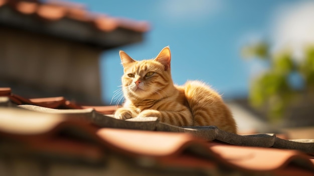 Cute cat is relaxing on the roof of a Japanese house Cute cat in the sunlight in Japan Asian aesthetic style Generative AI