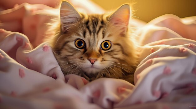 cute cat is sitting in a cozy bed at home in the evening