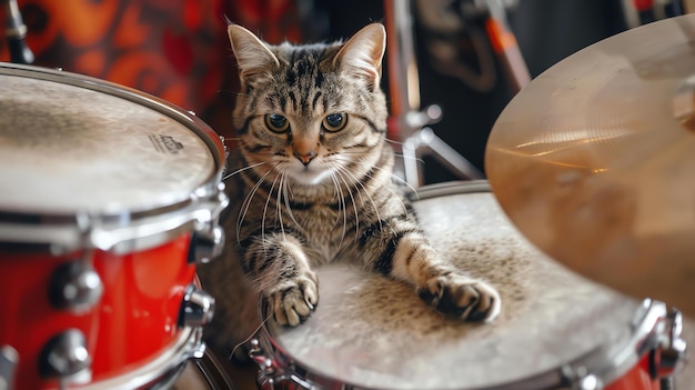 Photo a cute cat is sitting on a drum set the cat is looking at the camera with a curious expression