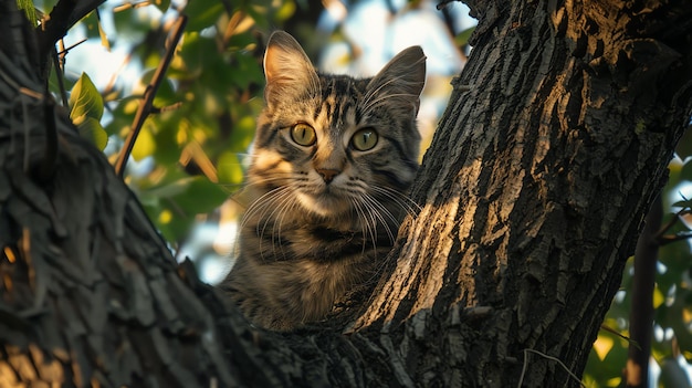 A cute cat is sitting on a tree branch The cat has big green eyes and is looking at the camera The cats fur is brown and white