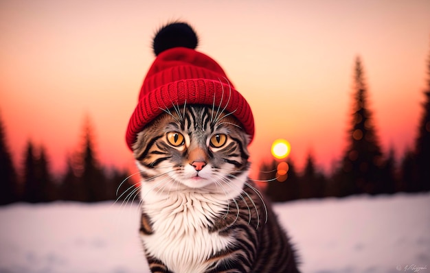 冬の森の背景に編み物の帽子をかぶった可愛い猫