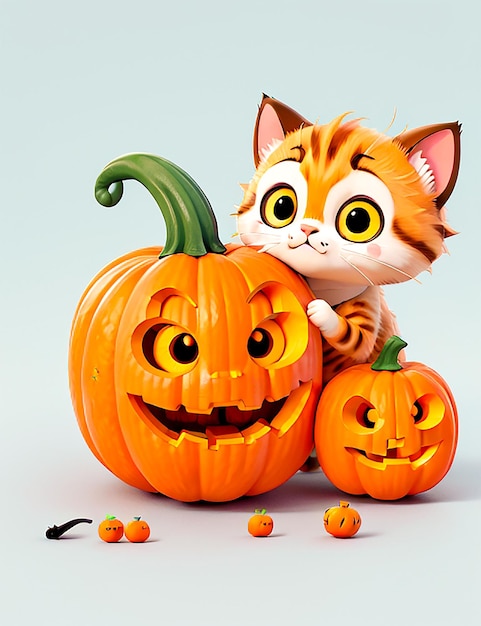 Cute cat laying on pumpkin halloween illustration generate by