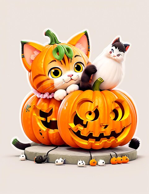 cute cat laying on pumpkin halloween illustration Generate by