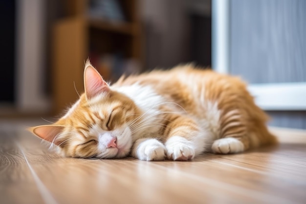 Foto gatto carino sdraiato sul pavimento con sfondo vegetale