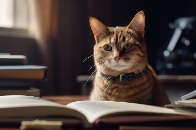 Photo cute cat lies on the table with books