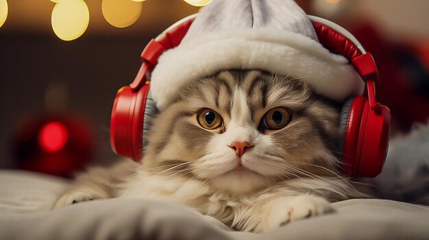 cute cat listens to music with red headphones at home