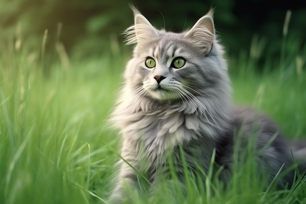 Cute cat look to the side and sitting in the garden or grass Cat in nature habitat Cat day concept