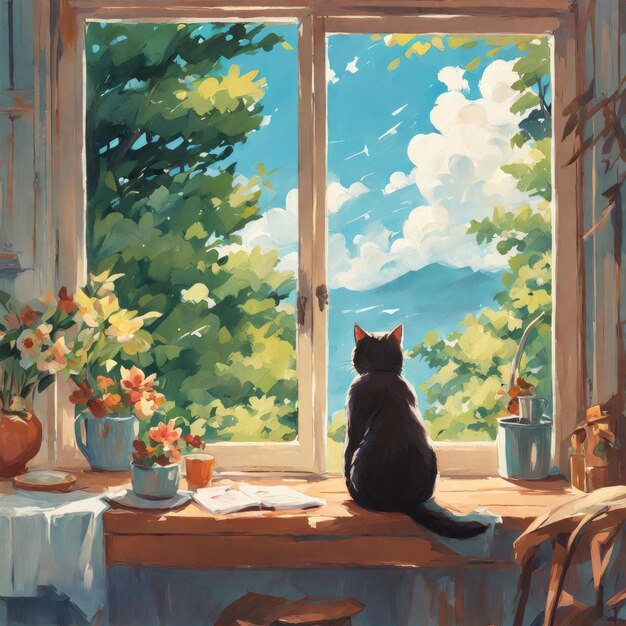 A cute cat looks out the window