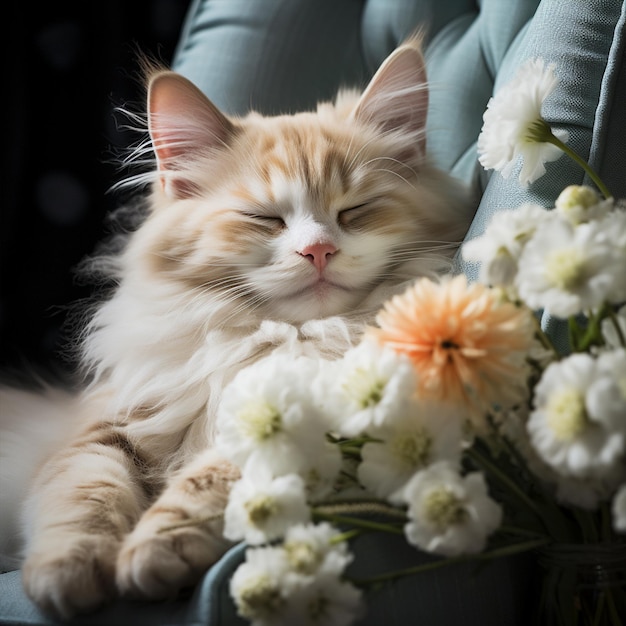 Cute cat lying in lounge armchair with white tulips