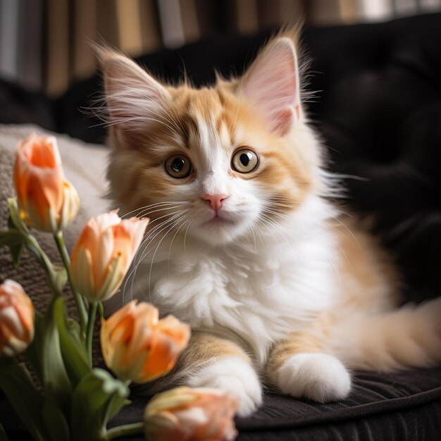 Cute cat lying in lounge armchair with white tulips