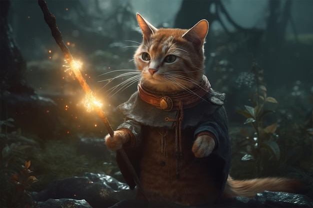 Милый кот-волшебник, фэнтезийное животное, иллюстрация, домашнее животное-воин в мантии и с волшебной палочкой в лесу Генеративный ИИ