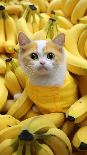 Photo cute cat in the middle of bananas
