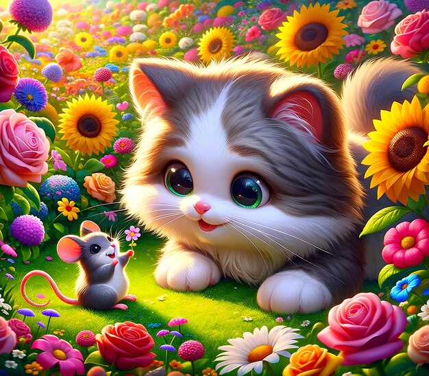 Photo cute cat and mouse in playful combat amid blossoms