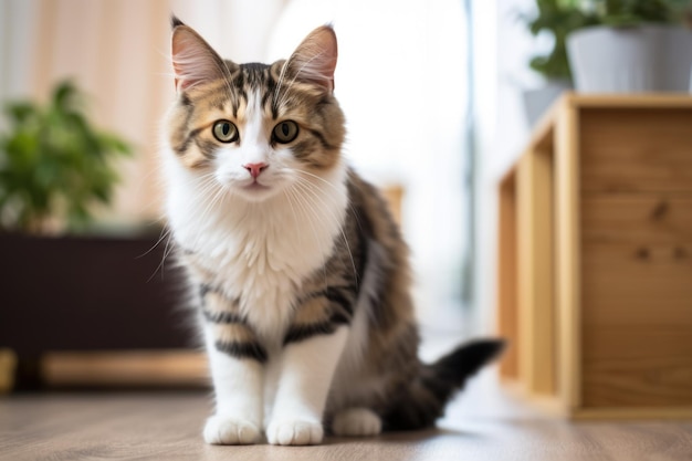 Cute cat near litter box in room