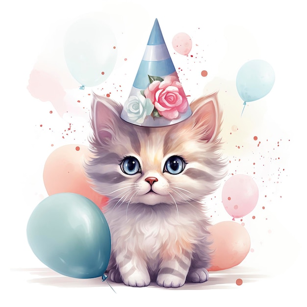 Cute Cat in Party Hat and Balloons Isolated Vector 1