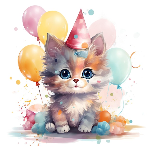 Cute Cat in Party Hat and Balloons Isolated Vector