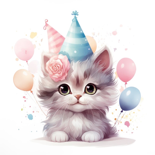 Cute Cat in Party Hat and Balloons Isolated Vector