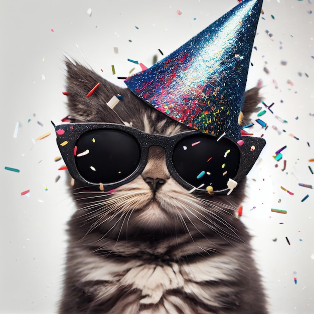 Cute cat in party hat and sunglasses Generative Ai