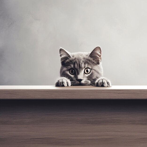 A Cute Cat Peering over a Table with Large Empty Space Generative AI