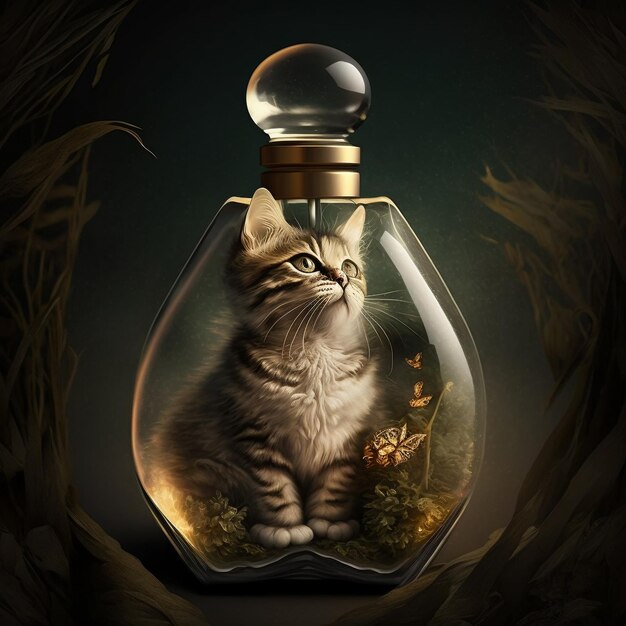 Cute cat in a perfume bottle digital painting artwork 3D rendering