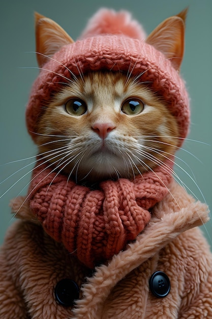 Foto gatto carino con cappotto rosa e cappello rosa su sfondo blu