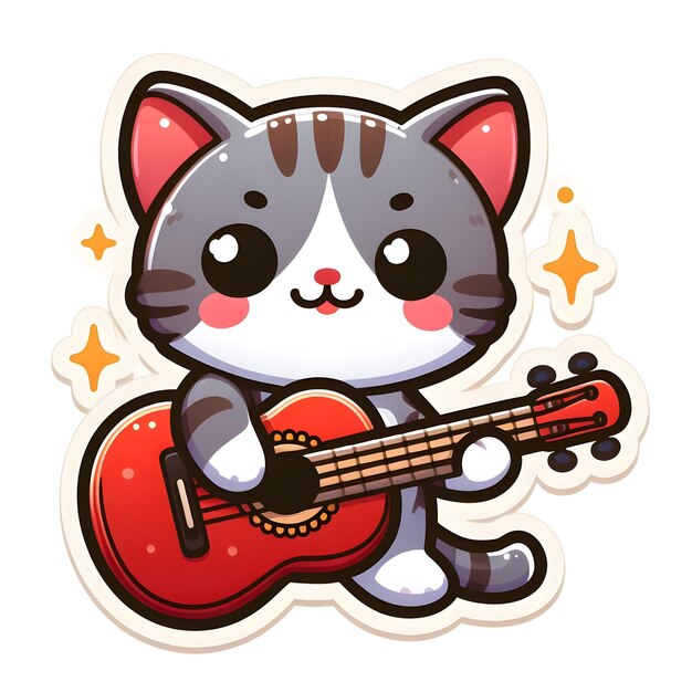 Cute cat playing guitar sticker isolated on white background