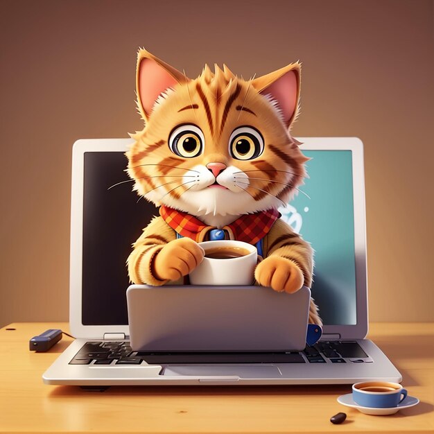 Cute Cat Playing on Laptop with Coffee Cartoon Vector Illustration