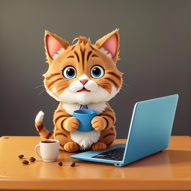Cute Cat Playing on Laptop with Coffee Cartoon Vector Illustration