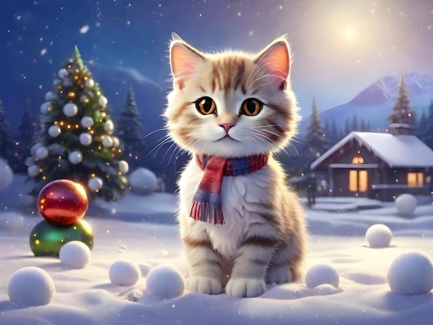 Cute cat playing outside on snow field with Christmas decorations