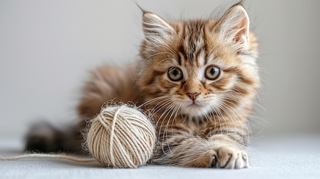 Cute cat playing with a ball of thread white background