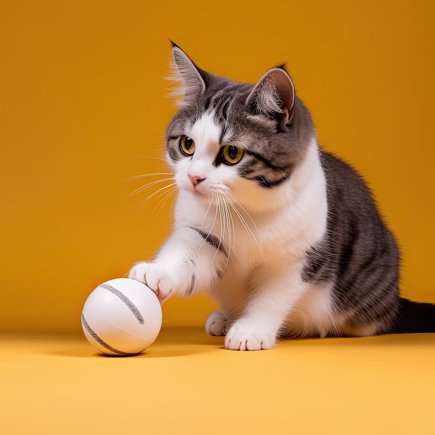 Cute cat portrait playing with ball on isolated solid background