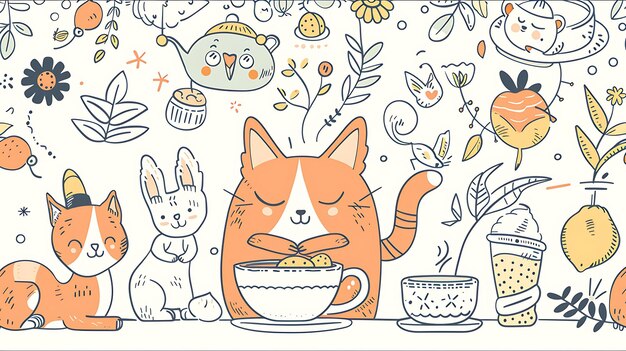 A cute cat and a rabbit are having a tea party The cat is wearing a hat and the rabbit is wearing a bow tie