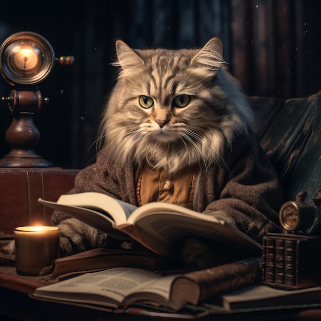 A Cute Cat Reading a Book