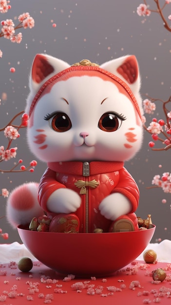 A cute cat in a red chinese costume