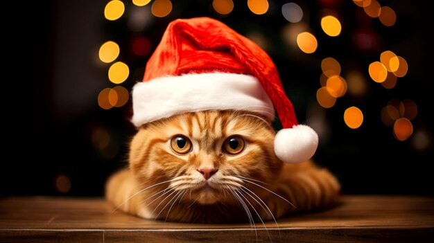 Cute Cat in Red Santa Claus Hat for Christmas and New Year Celebrations